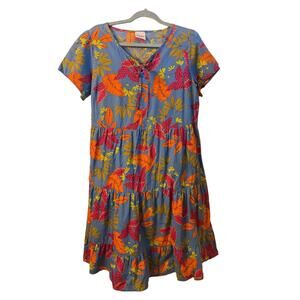 Tropical Scenario Cotton Midi Dress/ Made In Italy, Floral, Tiered, Boho‎ Sz Lg